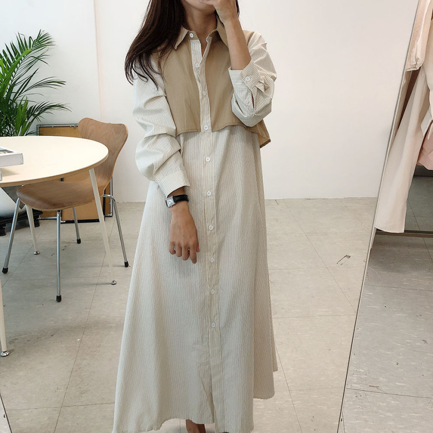 Single Breasted Long Sleeve Shirt Dress Spring Summer Patchwork Striped Large Size Dresses With Bandage Female 2D1747 210526