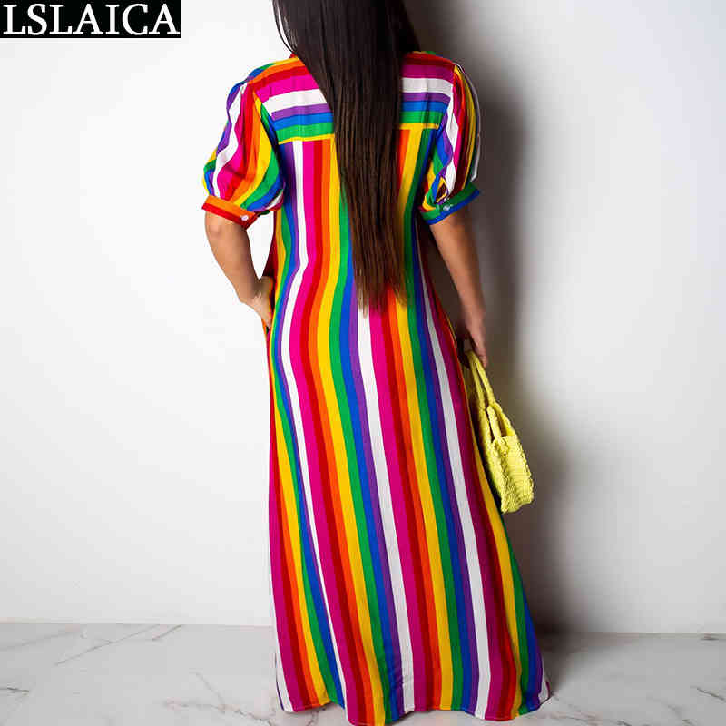 Africa Style Women's Shirt Dress Casual Colorful Print Stripes Floor-Length Fashion Deep V-Neck Hem Split Ladies es 210515
