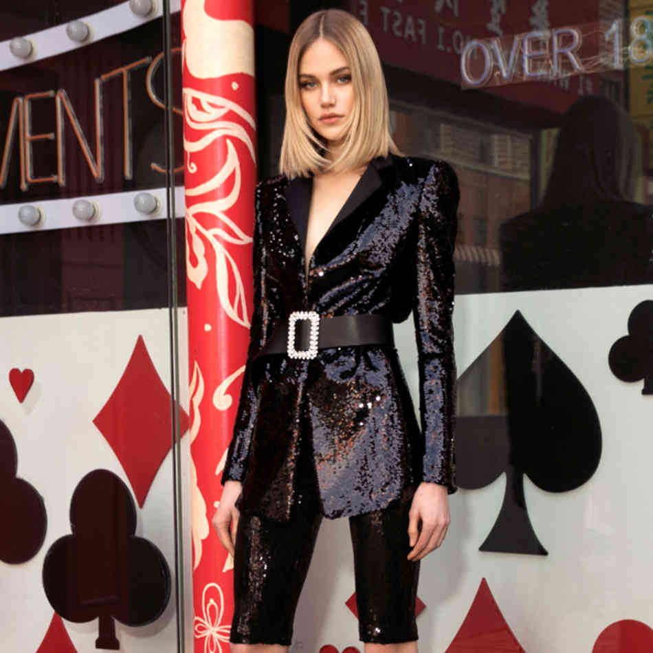 Winter Women Black Sequins V Neck 2 Two Pieces Sets Long Sleeve Coats & Half Shorts Celebrity Runway Party 210423