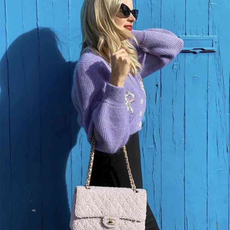 Vintage Purple Spliced Sequins Bow Knit Crop Cardigan Women V neck Single-breasted Button Sweater Long sleeve Short Jumper 210429
