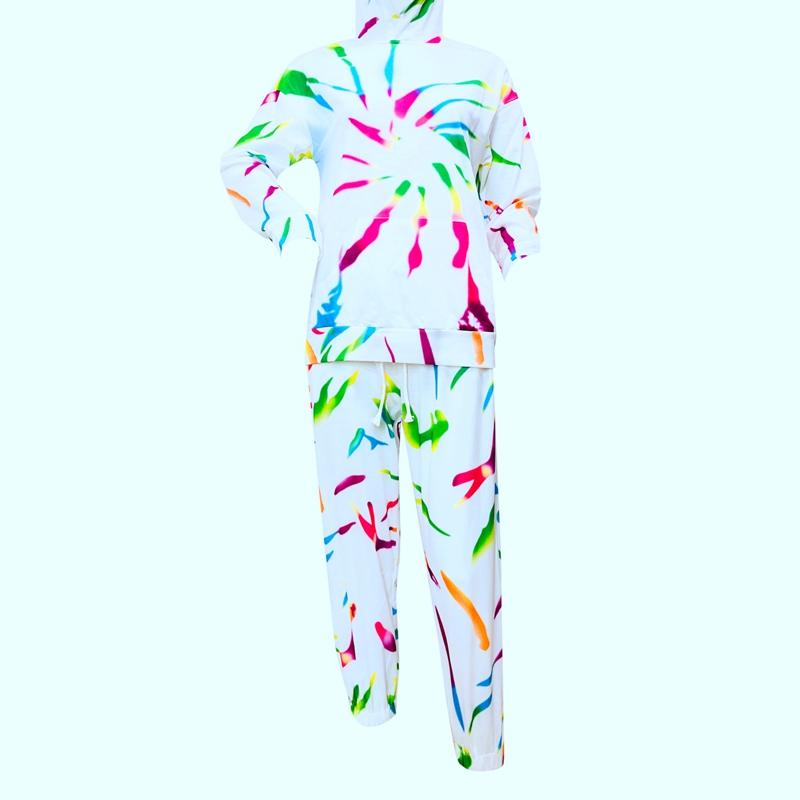 Tie Dye Printed Women Pajamas Set Long Sleeve Tops And Pants Lounge Wear Two Piece Dress