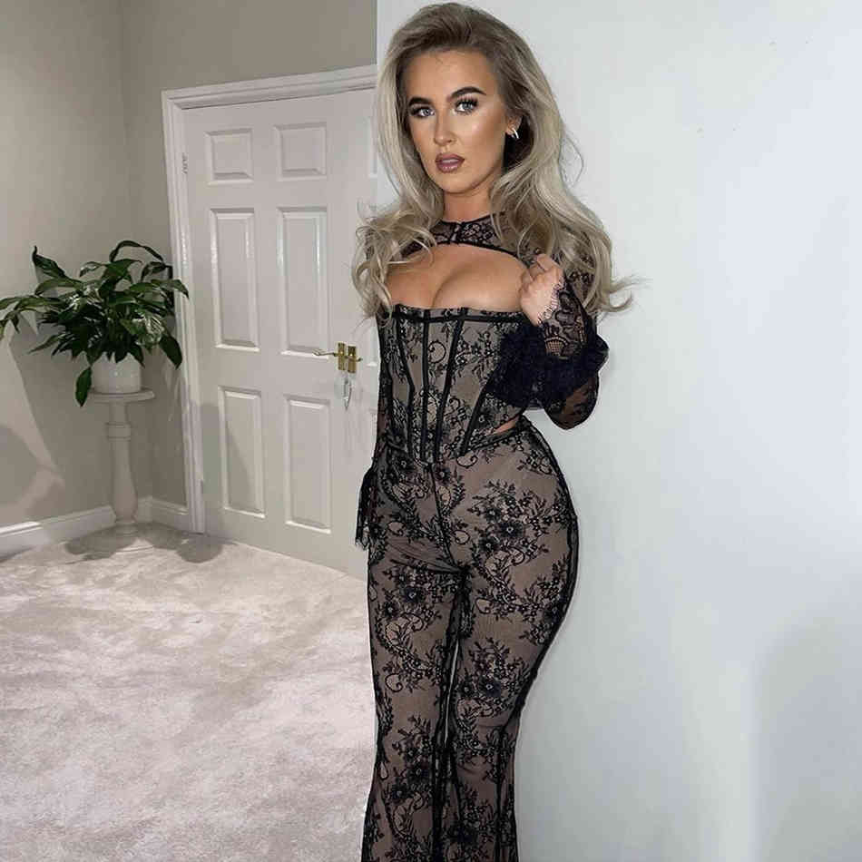 Free Women's Lace Patchwork Bandage Pants Set Sexy Hollow Backless Tights & Flared Party Two-piece 210524