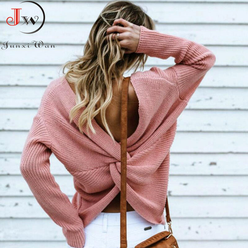 Autumn Winter Fashion Sweater Women Back Criss Cross Beading Knitted Pullovers Jumper Knitwear Soft Warm Pull Femme 210510