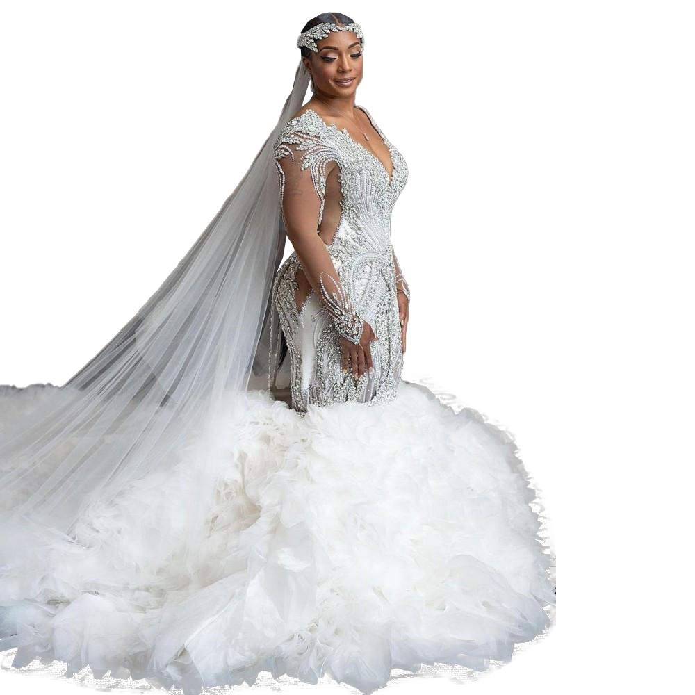 Beautiful Dress Crystals Lace Beaded Long Sleeve Deep V-neck Mermaid Sweep Train Wedding Gown
