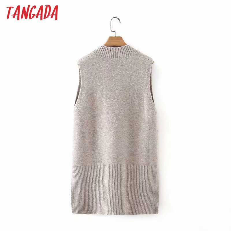 Tangada Women Fashion Solid Oversized Long Knitted Vest Sweater V Neck Sleeveless Female Waistcoat Chic Tops 2X04 210812