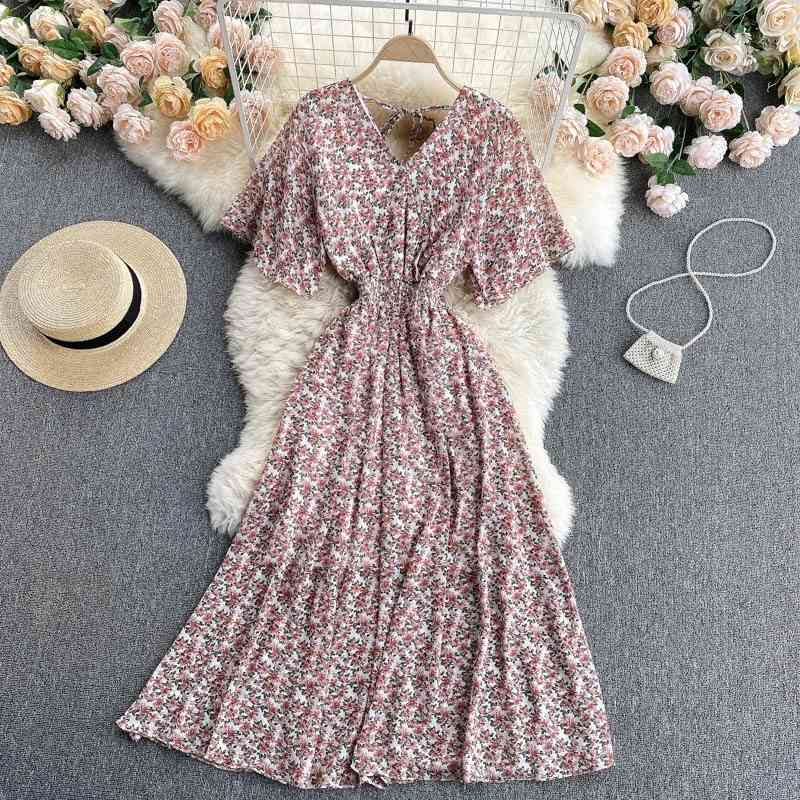 Elastic Ruched V Neck Short Sleeve A-line Dresses Summer Bohemian Print Beach Mididresses For Women French Floral Dress 210521