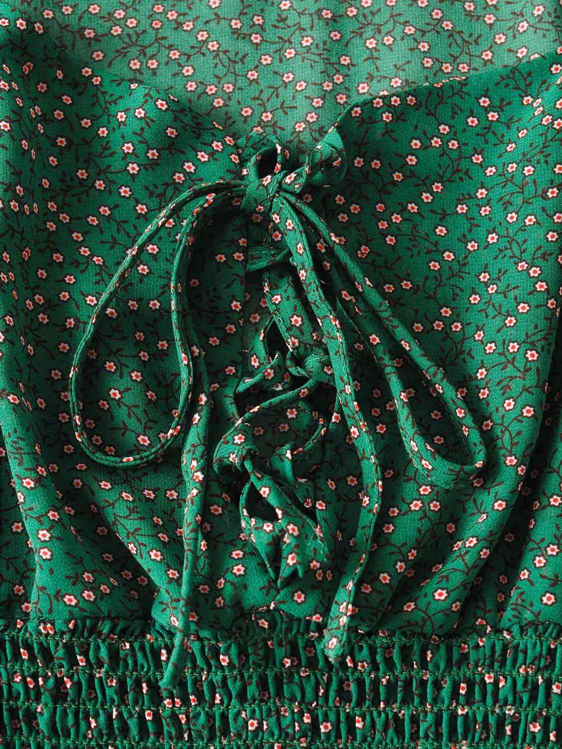 Spring Green Floral Print Crop Shirt Women Sexy Lacing up Tie Bow Square Collar Elastic Waist Slim Fit Blouse French Tops 210429