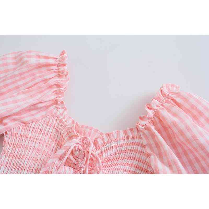 Holiday Style Puff Sleeve Dress Summer Pink Plaid Ruffle Belt Loose Mid-Length Vestido Female Elastic Fashion 210508
