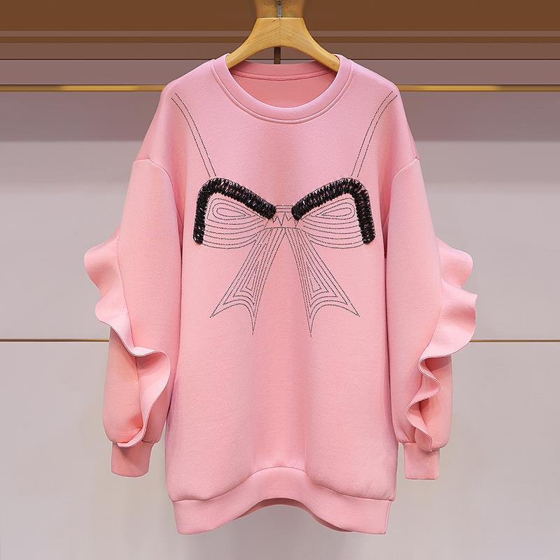 Nomikuma Korean Beads Diamonds Bowknot Pullover Sweatshirt Ruffle Patchwork Long Sleeve Hoodies Autumn Medium-long Jumper 6C726 210427