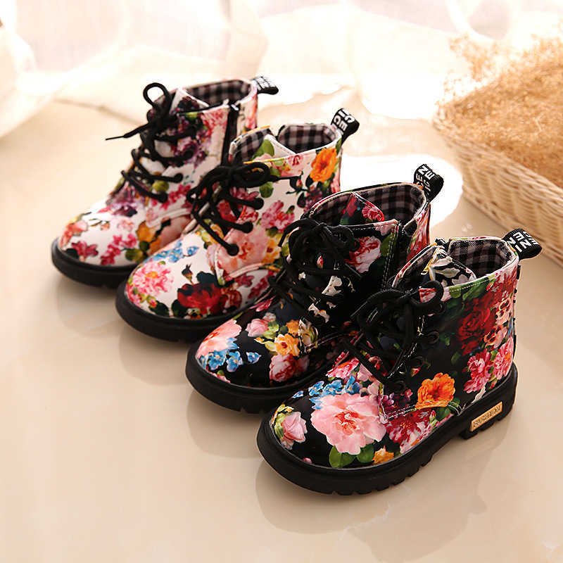 Pretty Floral Lace-up Zipper Martin Boots for Toddler Girl 210528