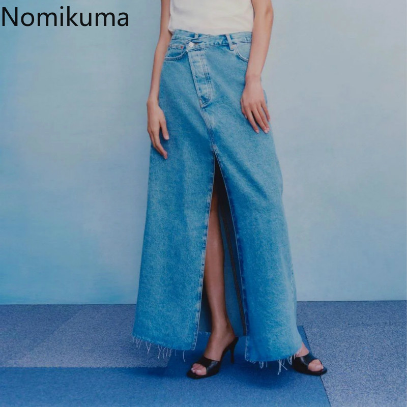 Nomikuma Korean High Waist Split Demin Long Skirt Women New Irregular Jeans Skirts Causal Sexy Faldas Mujer Moda 6B978 210427