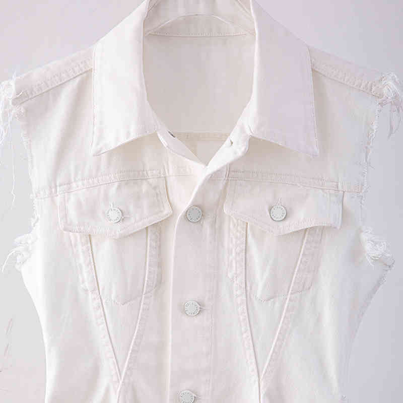 White Minimalist Patchwork Tassel Coat For Women Lapel Sleeveless Straight Coats Female Spring Fashion Clothes 210524