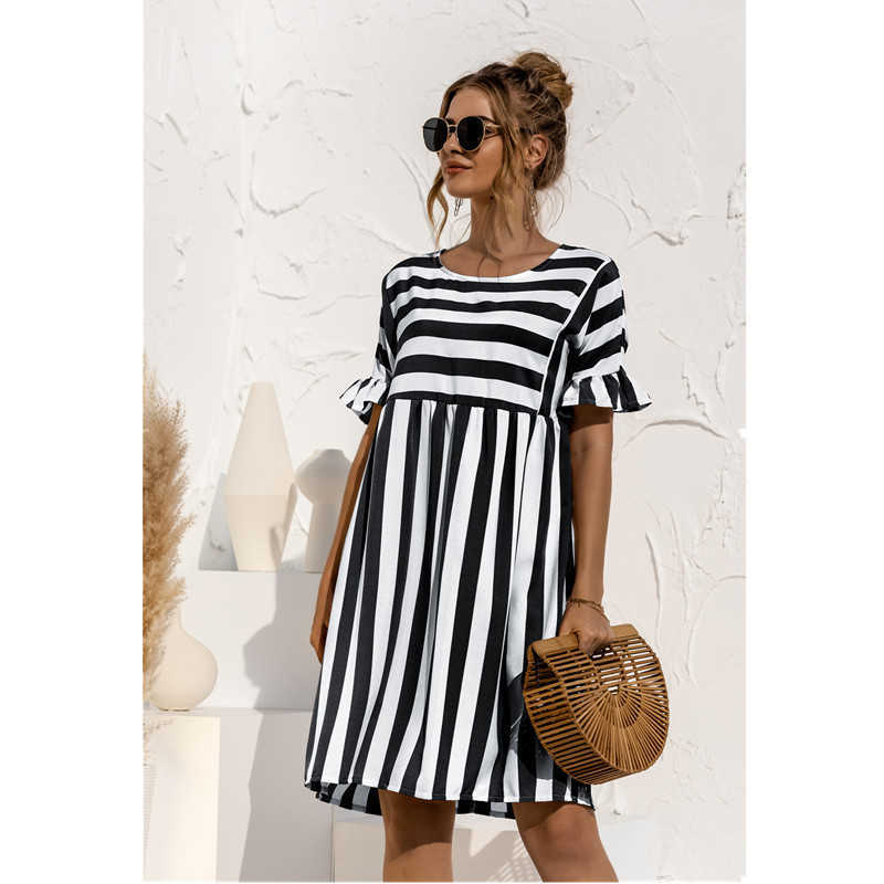 Leosoxs Summer Fashion O Neck Women's Dress Casual Loose Solid Short Sleeve Ruffle Patchwork Pocket Ladies Stripe 210623