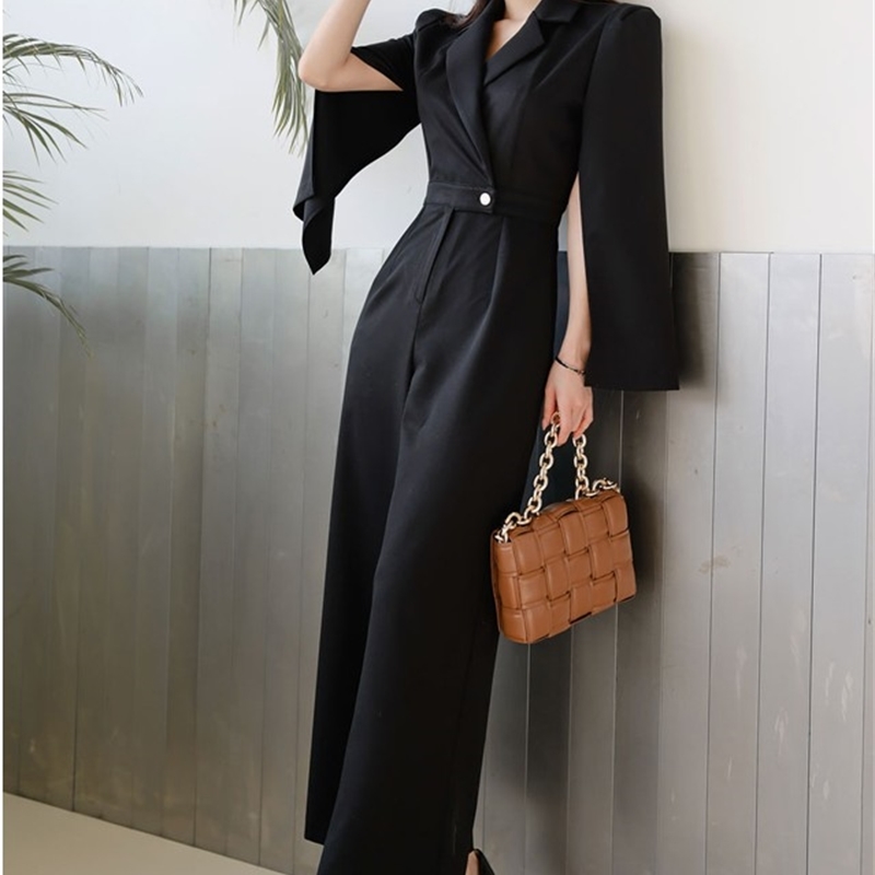 High Quality Spring Fashion Women's Romper Split Long Sleeve Notched Overalls Office OL Slim Wide Leg Jumpsuits 210519