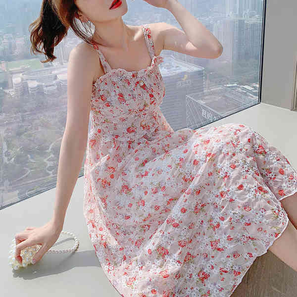 Women Summer Print Floral Midi Dress Female Vintage Franch Sexy Spaghetti Strap Casual Holiday Boho Party Vestidos 210519