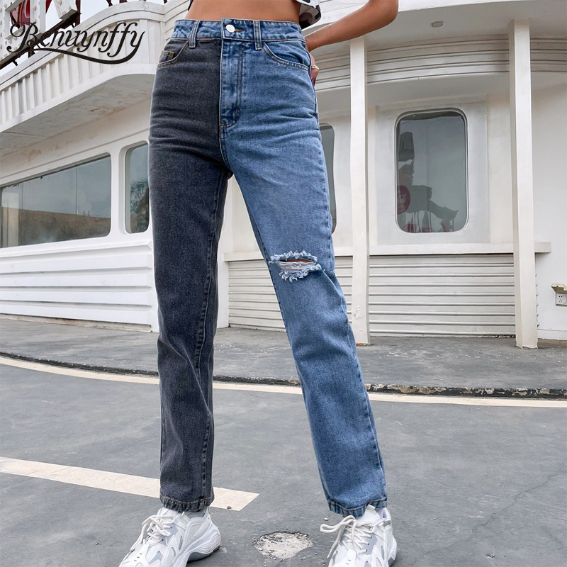 Fashion High Waist Ripped Two Tone Mom Jeans Women Korean Casual Streetwear Straight Leg Denim Pants 210510