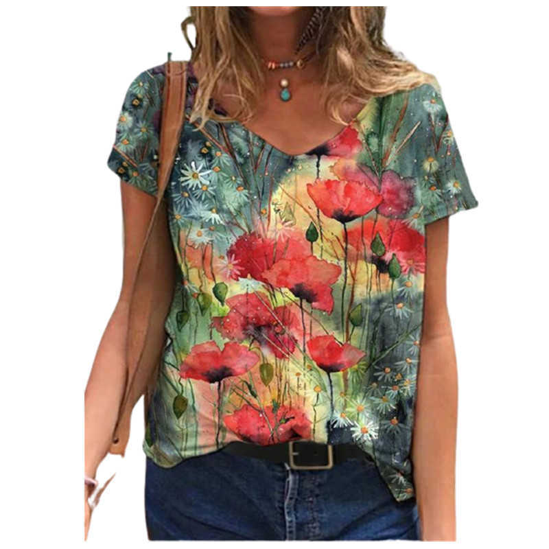 Tie Dye 3D Floral Print Women T Shirts Casual Short Sleeve Loose Plus Size Tops Fashion Street Ladies V-Neck Summer Tee 210526
