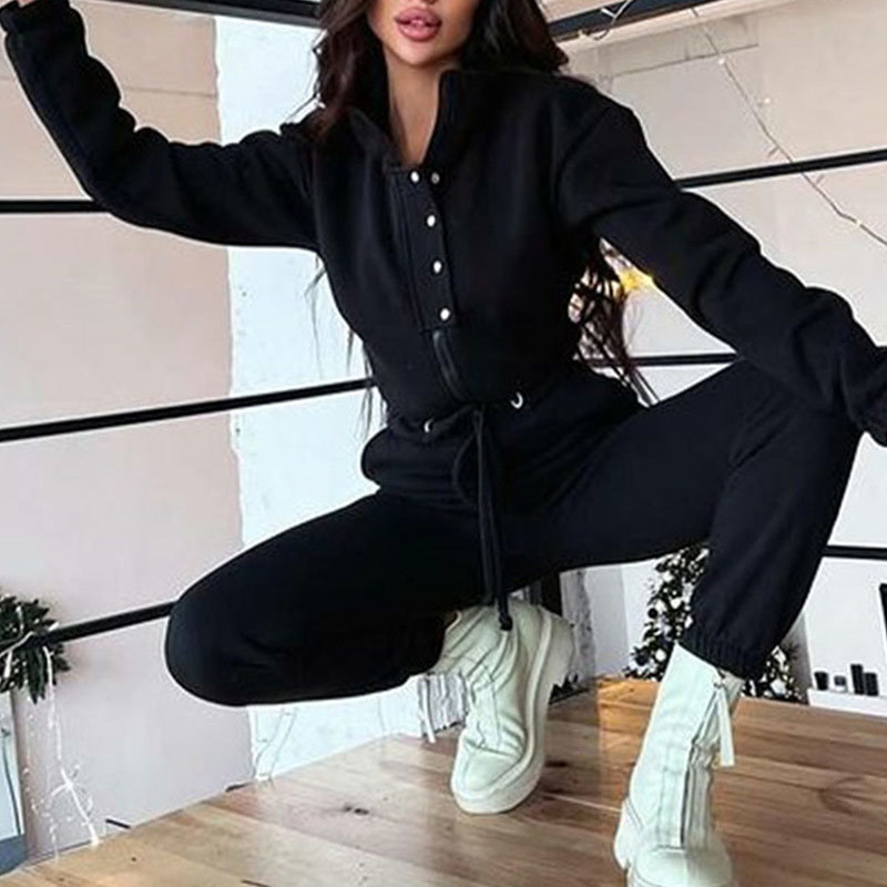 Women Stand Collar Jumpsuit Autumn Winter Female Zipper Single Breasted Suit Solid Loose Drawstring Rompers Tracksuits 220315