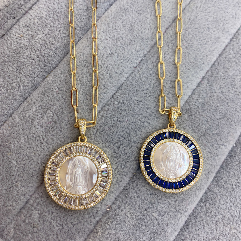 Blessing Round Virgin Guadalupe Pendant Necklace Colored Zircon Natural Shell Jewelry Necklaces for Women 220214