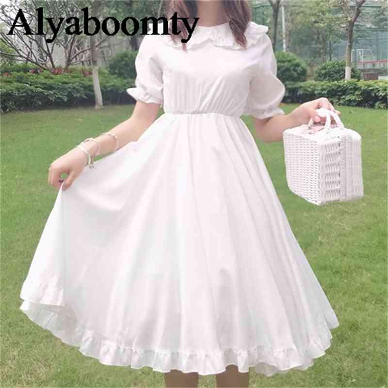 Japanese Summer Lolita Style White Purple Dress Peter Pan Collar High Waist Princess Fairy Cute Kawaii Girl Ruffles 210623