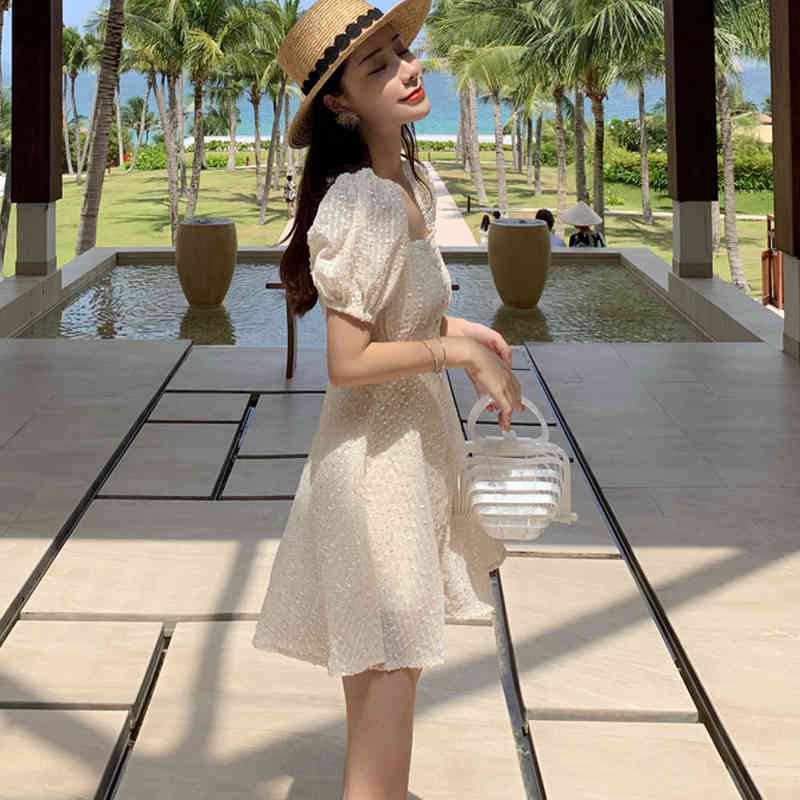 Summer Korean Dress Women Casual Short Sleeve Solid Mini Plus Size es for Apricot High Waist Vestidos 210510