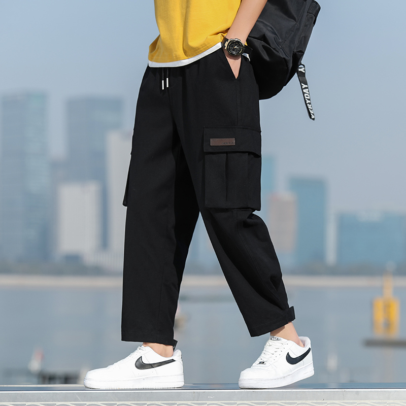 Khaki Pants Men Straight Fit Pockets Wide Leg Solid Color Cargo Pants Work Trousers Male Mens Hip Hop Clothing