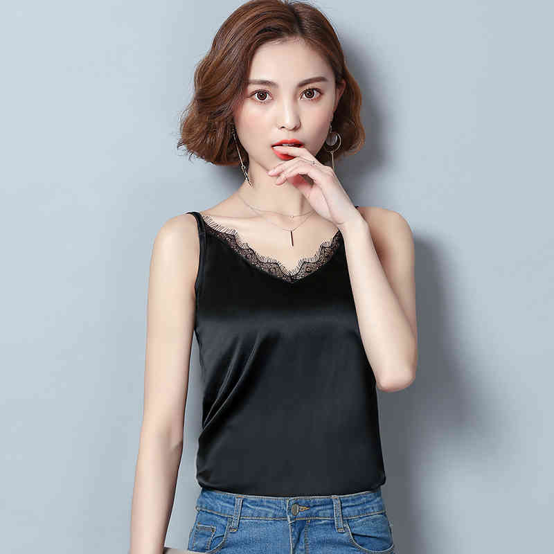 Fashion Sexy Lace Chiffon Women Camis Vest Slim V Collar Black Green Tank Sleeveless Female Blusa 0628 40 210506