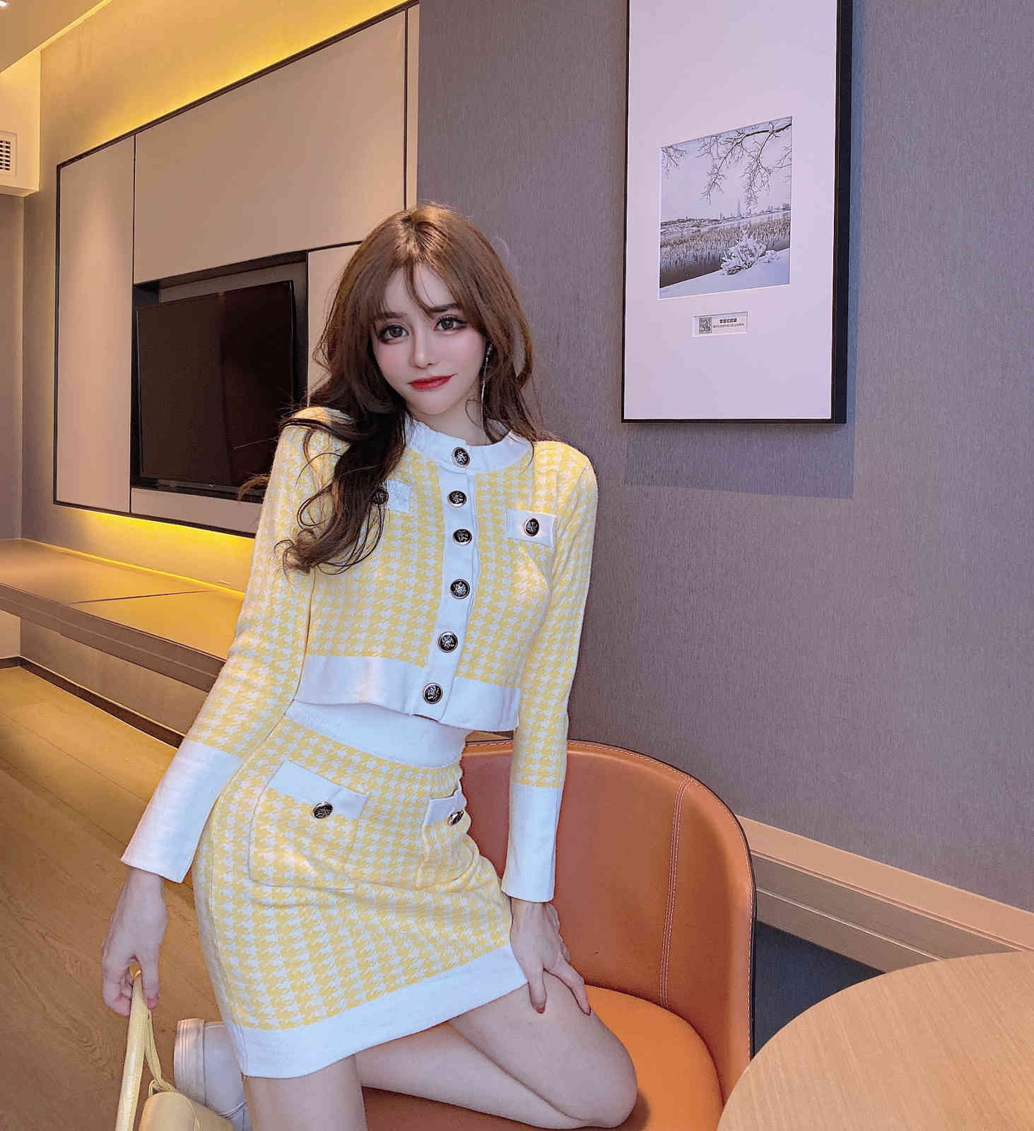 Spring Yellow Plaid Single-breastedKnitted Sweaters Women Two Piece Set Short Cardigan Top + Mini Skirt Suit Outfits 210519