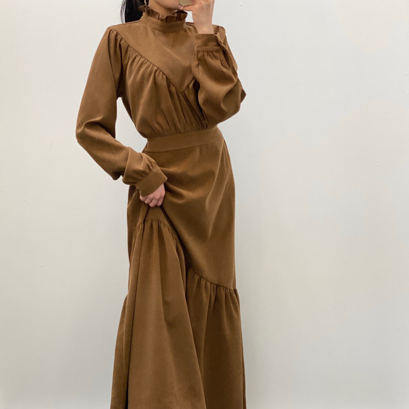 Korea Irregular Ruffled Waist Straps Women Dress Long Sleeve High Pleated Vestido Female 12802 210427