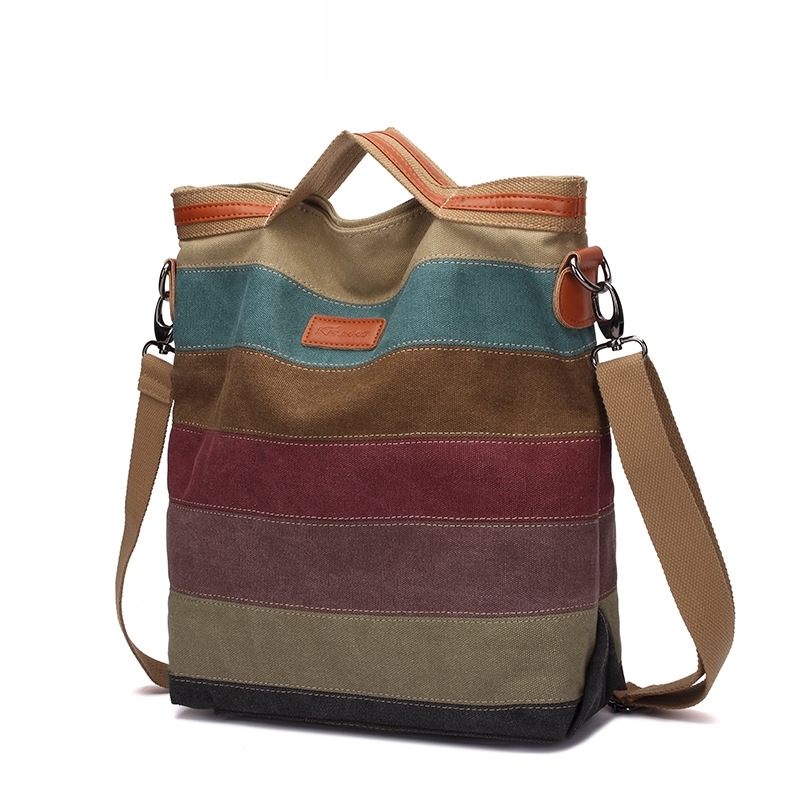 Striped canvas versatile women's new messenger single shoulder leisure bag, Red 
Striped canvas versatile women's new messenger single shoulder leisure bag, Red