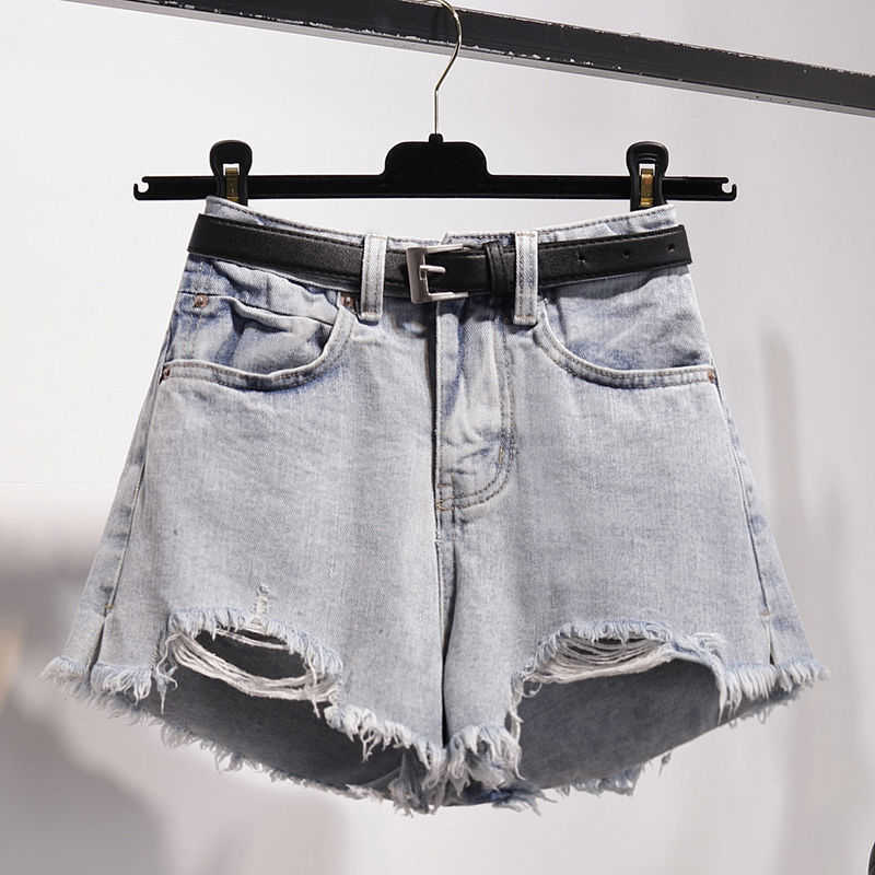 Summer Women Hole Denim Black Shorts High Waist With Belt Casual Female Solid Color Frayed Blue Jeans 210714
