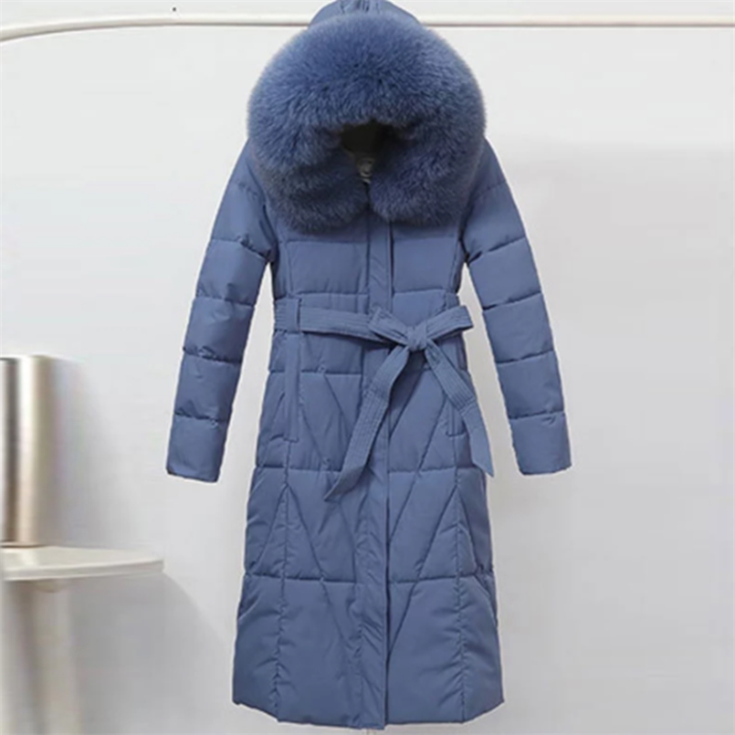 Long Down Cotton Jacket Thicken Winter Woman Coat Plus size Loose Warm Outerwear Big Fur collar Hooded Women Parka 210819