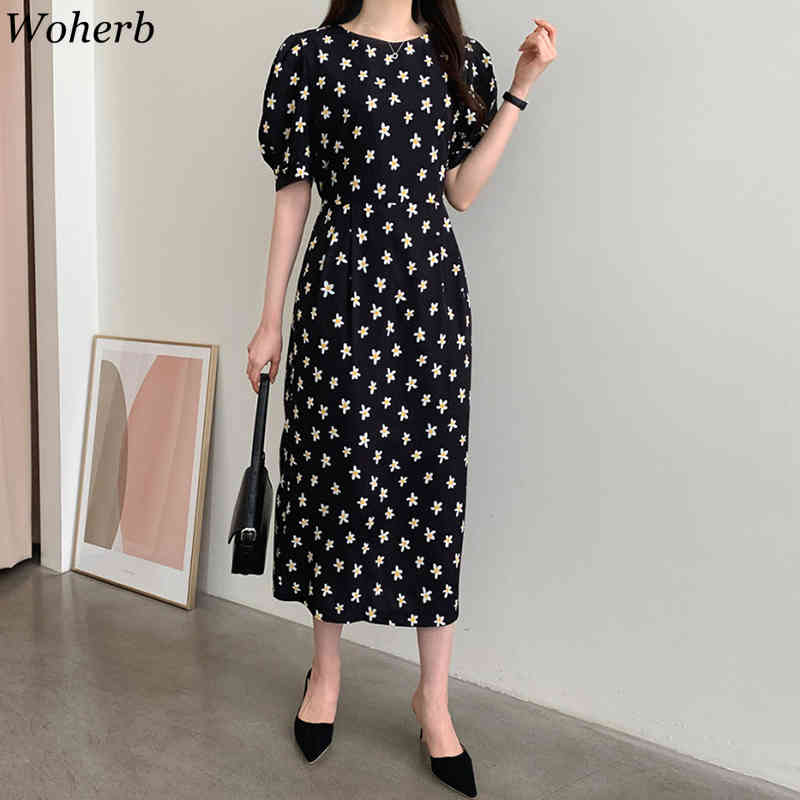 Korean Chic Summer Dresses Elegant Retro Floral Print Round Neck Puff Sleeve Long Dress Female Vestidos 210519
