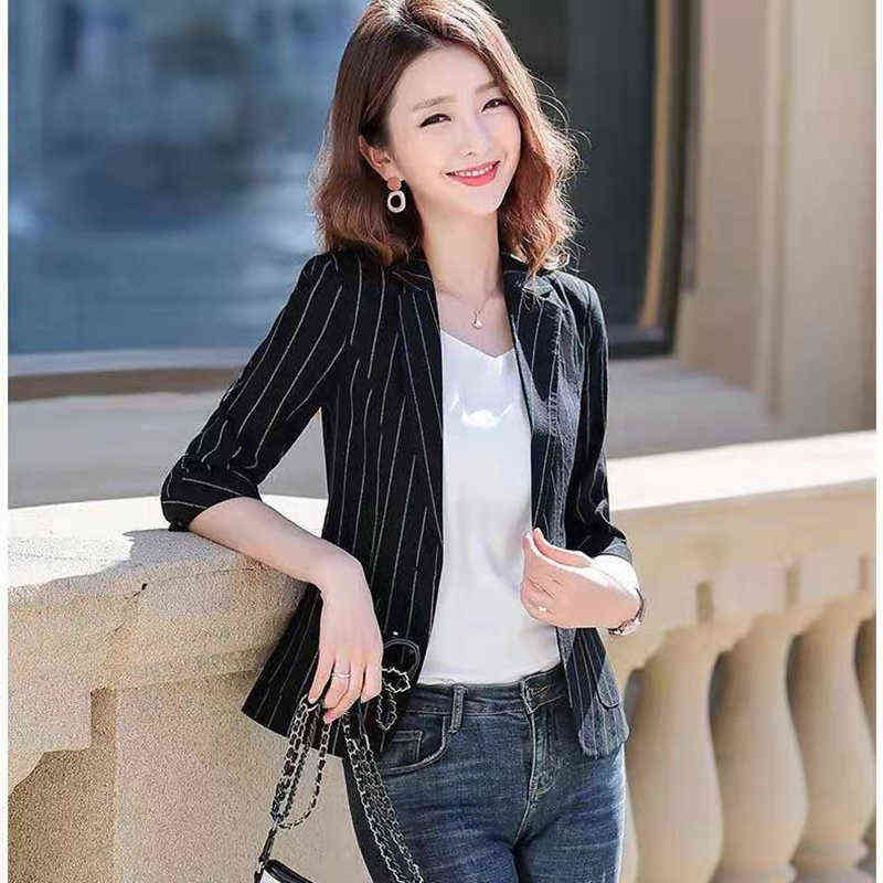 Spring Summer Women's Jacket Black White Striped Fashion Jackets Suit Three Quarter Sleeve Single Button Female Coat 211122