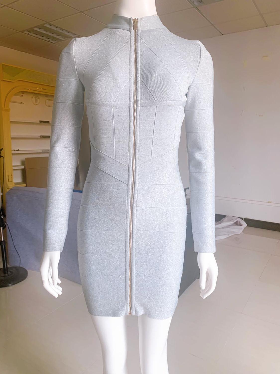 Women's Fashion Bandage Dress Front Zipper Long Sleeve Striped Bodycon Sexy Celebrity Mini Party Vestidos 210525