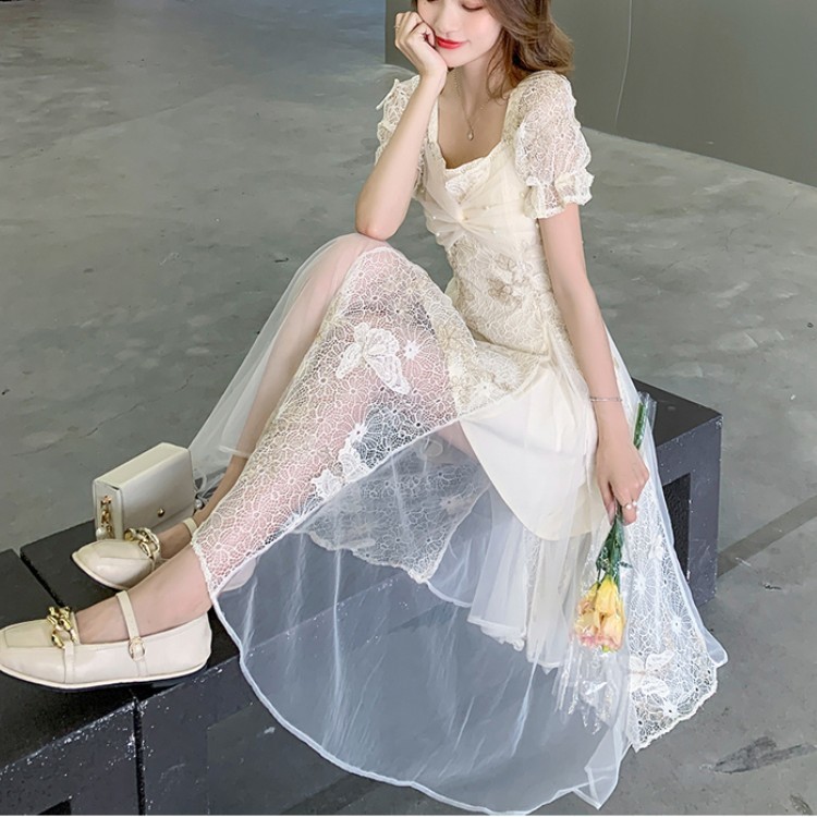 Women Sweet Embroidery Lace Patchwork Chiffon Fairy Dress Elegant Square Collar Puff Sleeve Slim Waist Butterfly Princess 210519