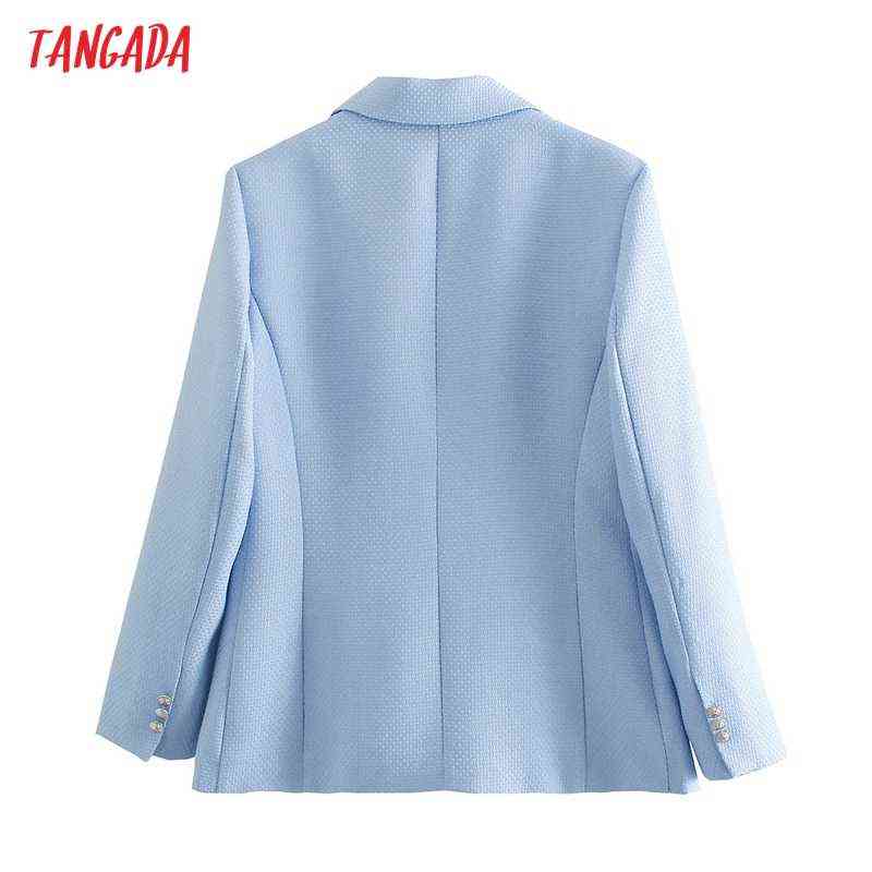 Tangada Women Fashion Blue Tweed Blazer Coat Vintage Long Sleeve Office Lady Outerwear Chic Tops QD83 211122