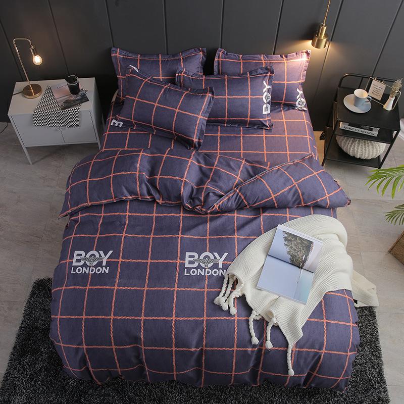 Cartoon Bedding Set 4PCS Double Bed Linens Cover Quilt Pillowcase Navy Pink Grey Pattern Classic Grid For Home Teens Sets