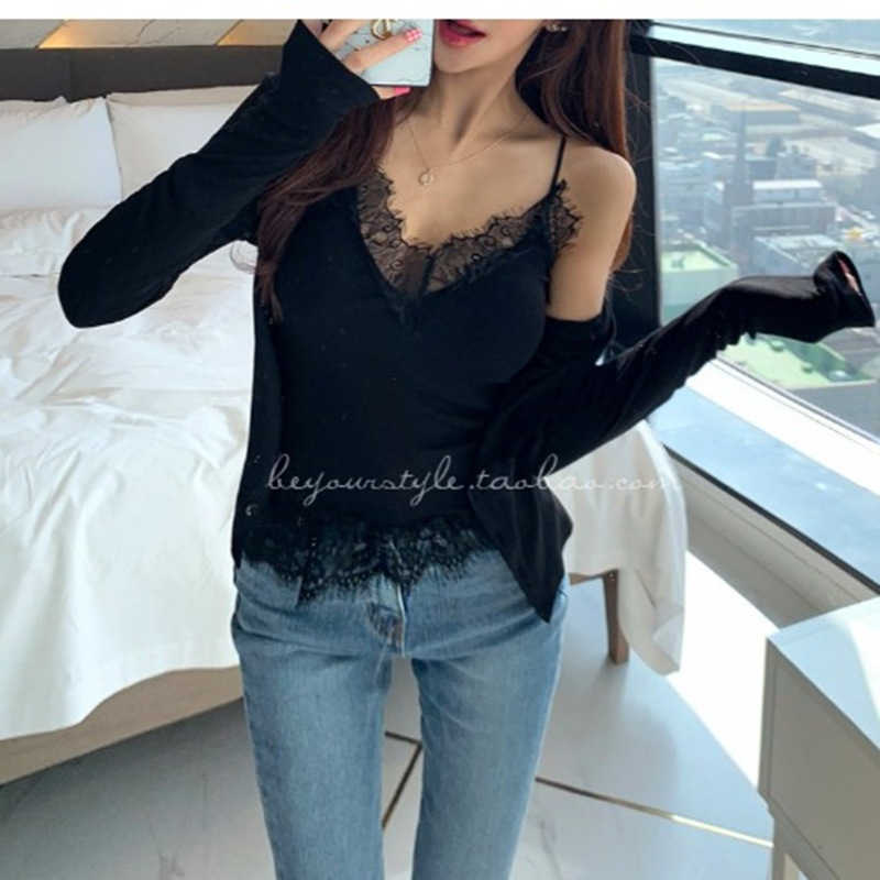 WOMENGAGA Korean Women's Spring Summer Sexy Slim Lace Mesh V Neck Full Sleeve T Shirt + Cardigan Thin Body Tank Vest 5H5Y 210603
