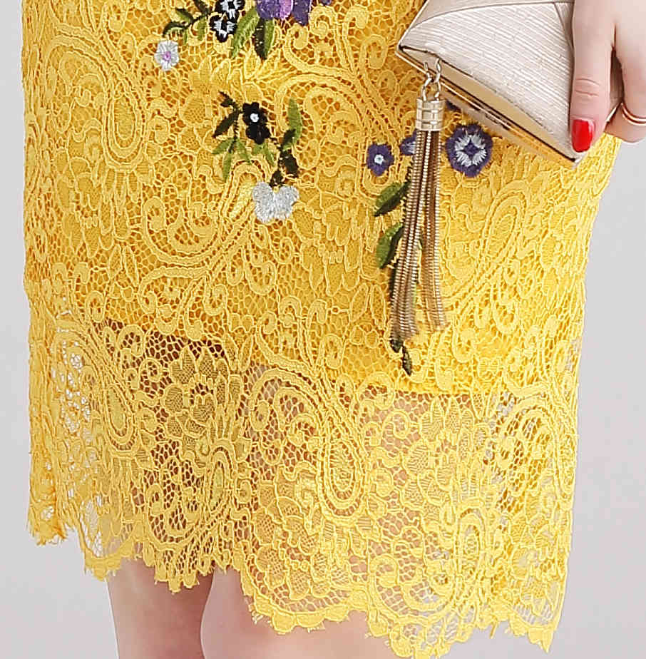 Yellow Lace Dress Summer Women's Elegant Embroidered Flowers Office Casual Slim Sexy Party Dresses Vestidos 210520