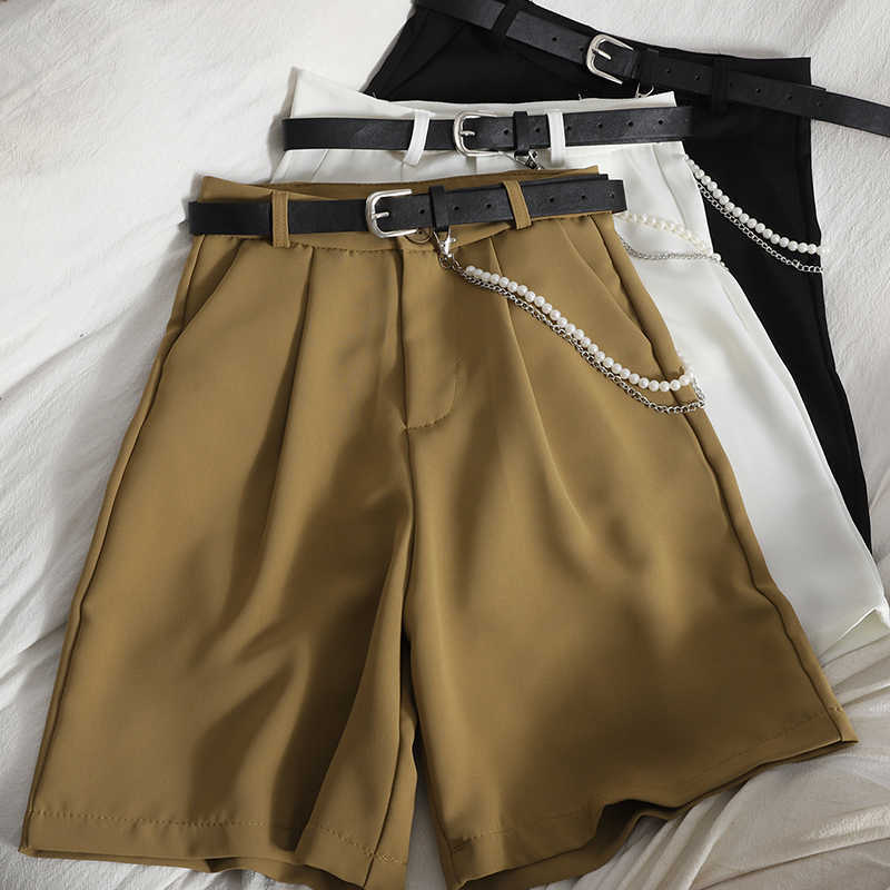 High Waist Shorts Sashes Belted Women Loose Pockets Spring Summer Casual Streetwear Fashion 210714