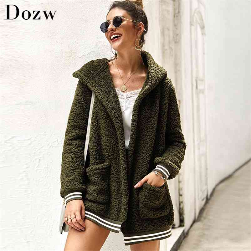 Women Faux Fur Coat Autumn Long Sleeve Striped Plush Teddy Coats Ladies Casual Hooded Pocket Winter Warm Cardigan Jacket 210515