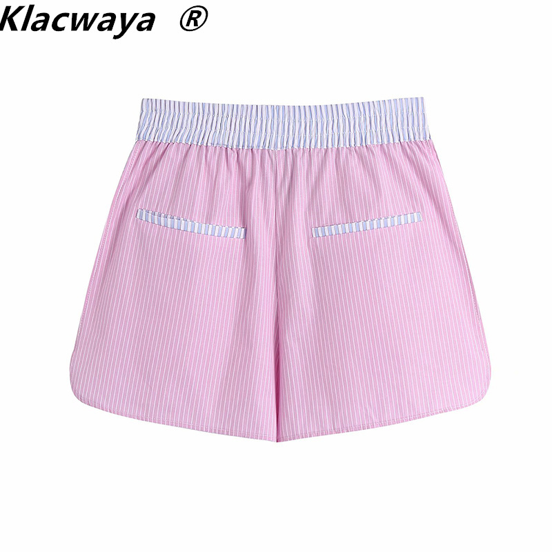 Women Fashion Patchwork Striped Print Casual Summer Shorts Chic Elastic Waist Pink Color Pantalones Cortos 210521