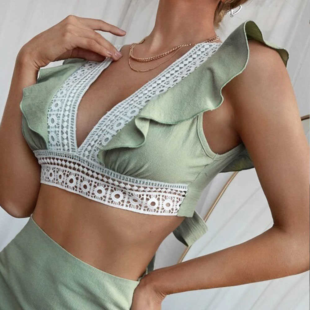 Jocoo Jolee Elegant Lace Two Pieces Sets Sexy V Neck Ruffles Backless Cropped Tops and High Waist Skirts Casual Slim Mini Suits 210619wtt