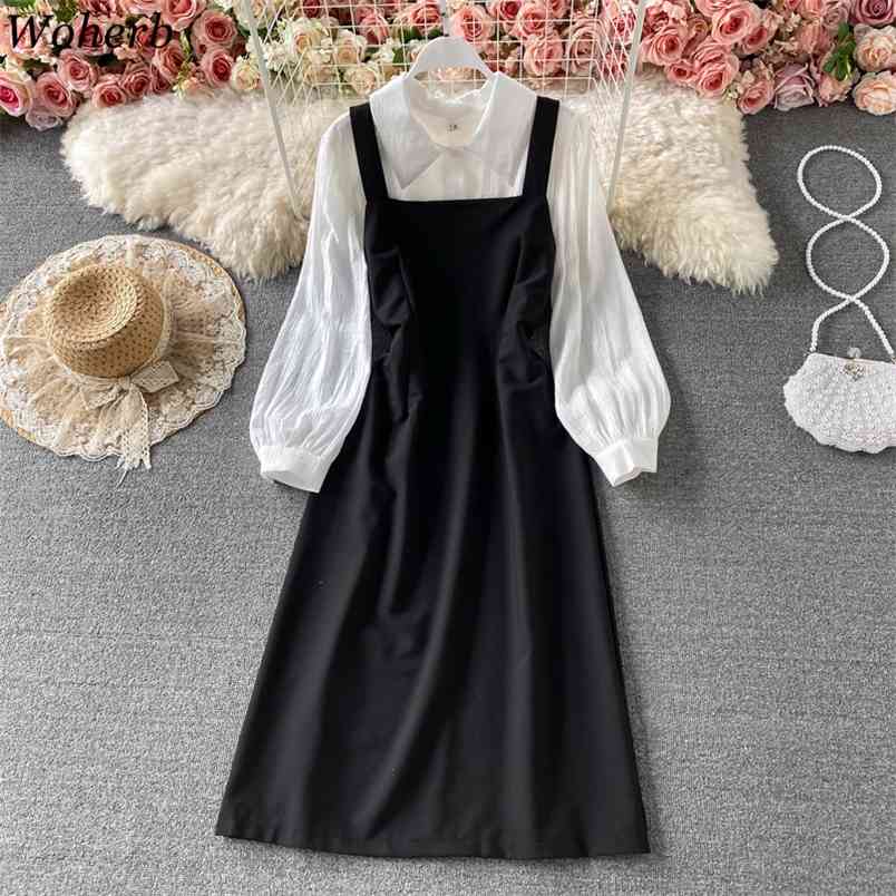 2 Piece Set Preppy Style Suit Sweet Square Collar Vest Dresses Vintage White Long Sleeve Shirt Top Two-piece Sets Women 210519