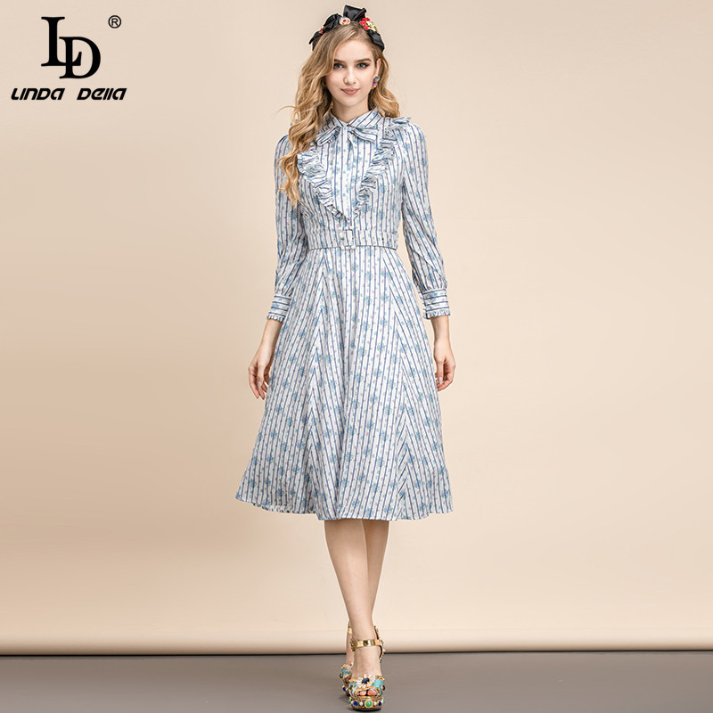 Summer Fashion Runway Dresses Women Elegant Bow Ruffle Sashes Long sleeve Striped floral print Vintage Midi Dress 210522
