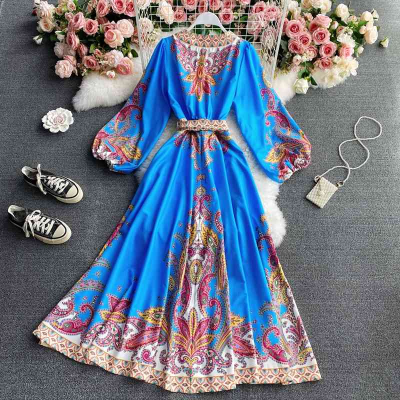 Nomikuma Vintage Printing Women Dress Korean Bow Bandage Slim Waist Dresses Lantern Sleeve V-neck Elegant Vestidos 6E691 210427