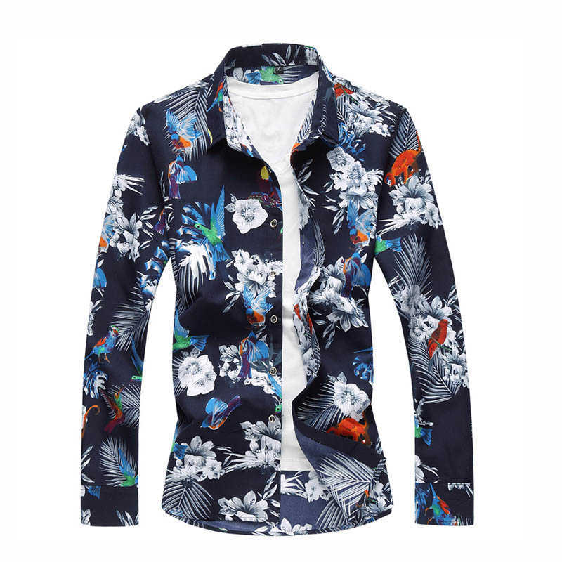 Men's Beach Floral Print Casual Cotton Button Up Long Sleeve Shirts 5XL 6XL 7XL 210528