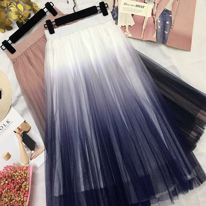 TIGENA Beautiful Gradient Color Long Tulle Skirts Women Korean A-line High Waist Pleated Maxi Female School Girls 210619