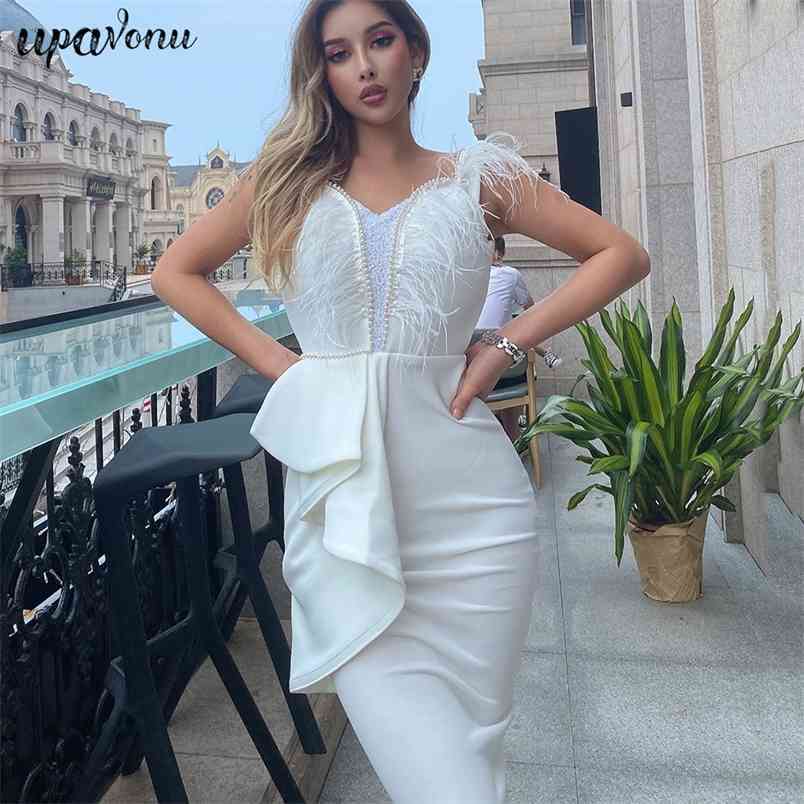 Free Women Fashion Feather Dress Sexy V-neck Sleeveless Pearl Sequin Bodycon Midi Club Party es 210524